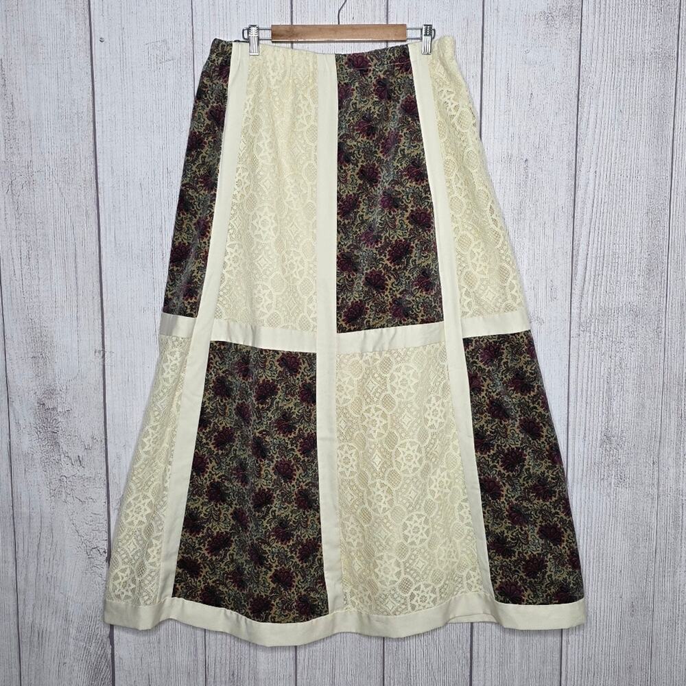 VTG 70s Chessa Davis Boho Patchwork Maxi Skirt Lace Floral Cottagecore, sz Large